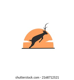 logo illustration vector design silhouette deer jumping under moonlight.symbol of adventure and wild nature