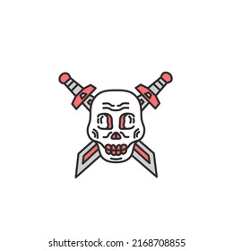 Logo illustration vector design skull head icon between two swords. Simple symbol of a team preparing to fight