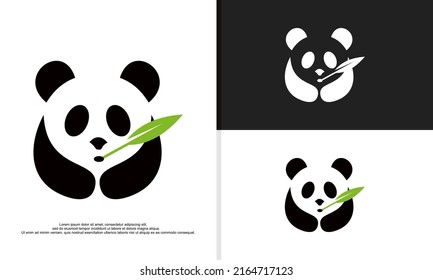 logo illustration vector graphic of cute panda eating bamboo leaves.