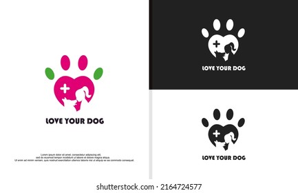 logo illustration vector graphic of paw combined with love shape, dog and woman silhouette. suitable for pet care, pet trainer, animal shelter, etc.
