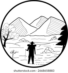 Ilustración del logotipo Vector de senderismo y montaña