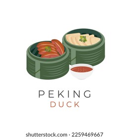 Logo Illustration Vector Of Peking Duck And Chinese Pancakes Served With Bamboo Clakat or Bamboo Steam