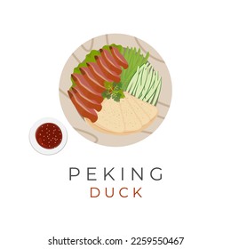 Logo Illustration Vector Of Peking Duck Served On A Wooden Plate And Eaten With Chinese Pancakes Vegetables And Delicious Sauce