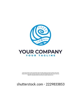 logo illustration of a view on the sea with the sun rising or setting in modern line art style