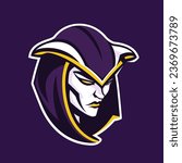 logo illustration of a witch, bold shades of purple and yellow. In the style of Sport and E-sport logos and mascots. Perfect for college, varsity or pro sport teams
