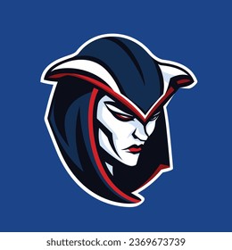 logo illustration of a witch, bold shades of blue. In the style of Sport and E-sport logos and mascots. Perfect for college, varsity or pro sport teams