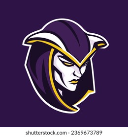 logo illustration of a witch, bold shades of purple and yellow. In the style of Sport and E-sport logos and mascots. Perfect for college, varsity or pro sport teams