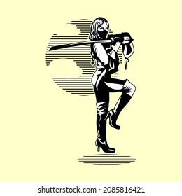 Logo illustration of a woman holding a sword on a black and white background