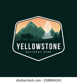 Logo illustrations of Yellowstone National Park emblem on dark background.