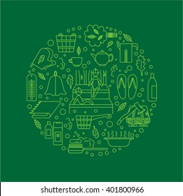 The logo with the image of accessories for baths and saunas. Completed in linear style.