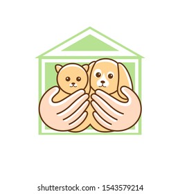 Logo with the image of animals: dog and cat. Color animal badge, label for the store, veterinary clinic, hospital, shelter, business services, animal shelter, hotel.