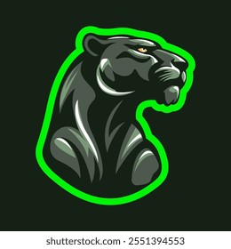 The logo with the image of a black panther. An animal of the feline family. A template for the design of game icons and clothes. Vector illustration in a flat style. Isolated on a black background. 