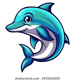 The logo with the image of a cartoon dolphin. A template for the design of stickers, clothes and souvenirs. Isolated on a white background. Vector illustration.