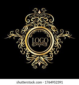 Logo image, circle, gold, stripes, flowers, leaves, black background
