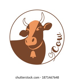 Logo with the image of a cow. Round icon with the symbol of the beef or dairy products.