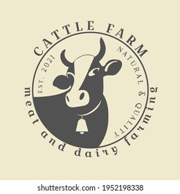 Logo with the image of a cow. Round icon with the symbol of the beef or dairy products.