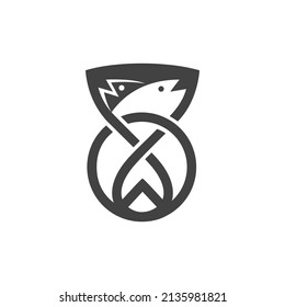 The logo is an image of a cup and fish. Outline and elegant. Unique pictogram.