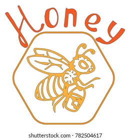 Logo with the image of a flying honey bee in a hexagonal frame. A bee with a bucket of honey. Striped insect. A cartoon bee. The inscription is Honey. Vector illustration.