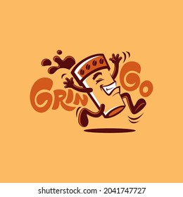 The logo with the image of a happy coffee cup that runs merrily. Vector illustration in brown-orange colors