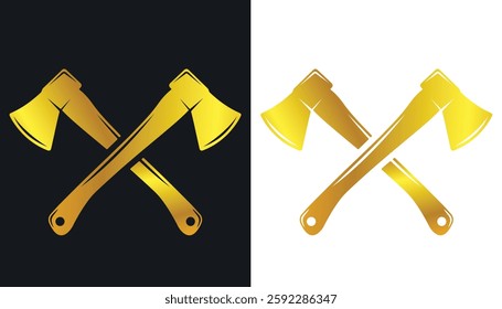 The logo image of a hatchet for cutting wood is beautiful in gold color on a black and white background