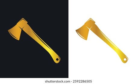 The logo image of a hatchet for cutting wood is beautiful in gold color on a black and white background