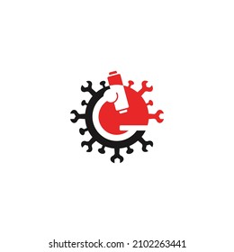 The logo is an image of a microscope, a wrench and the corona virus.