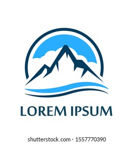 logo image of a mountain with a semicircle frame. illustration of mountain explorers. mountain climbing logo. forest nature lover's logo.