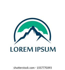 logo image of a mountain with a semicircle frame. illustration of mountain explorers. mountain climbing logo. forest nature lover's logo.