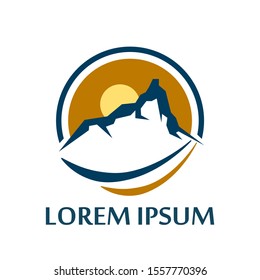 logo image of a mountain with a semicircle frame. illustration of mountain explorers. mountain climbing logo. forest nature lover's logo.