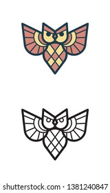 Logo with the image of an owl. Vector emblem of the owl. The logo with the bird. Line art, icon style.