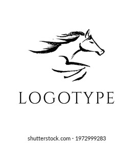 Logo with the image of a running horse. Ink drawing.