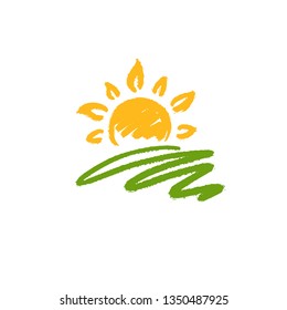 Logo with the image of sun and green field.