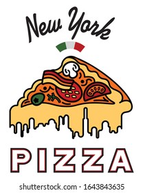 Logo With The Image Of A Triangular Slice Of Pizza. Drips Of Cheese Depict Silhouetting New York. On A White Background.