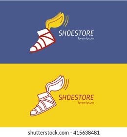 The logo with the image of the winged sandals of Hermes. Two options: color and black-and-white contour. It can be used as a logo for a shoe store or fast delivery service. Vector illustration.