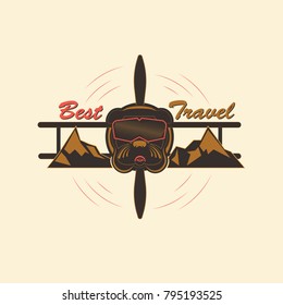 Logo indicating extreme rest and travel. Bulldog in the form of an extreme pilot, in a mountainous area. Vector illustration in several color shades.