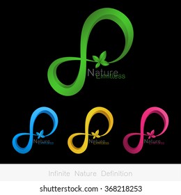 Logo infinity with leaf, infinite nature definition concept . Vector illustration