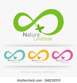 Logo infinity with leaf, infinite nature definition concept . Vector illustration