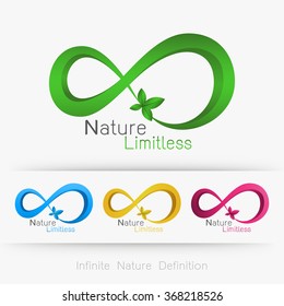 Logo infinity with leaf, infinite nature definition concept . Vector illustration