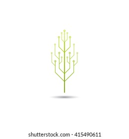 Logo of information technology. Concept of logo in the form of a tree leaf with circuit board. Vector template isolated on a white background.