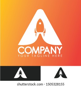 Logo initial A,Rocket design logo,Space rocket launch,ship in a flat style.Vector illustration.