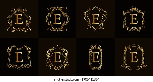 Logotipo E inicial con adorno de lujo o marco floral, colección set.