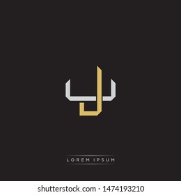 Logo initial JU J U UJ monogram letter vintage style gold and grey colors isolated on black background