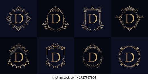 Logo initial letter D with luxury flower frame ornament set or collection.