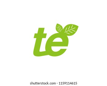 logo initial letter te with leaf