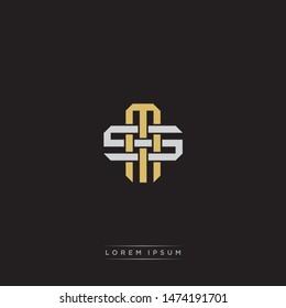 Logo initial MS M S SM monogram letter vintage style gold and grey colors isolated on black background