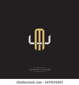 Logo initial MU M U UM monogram letter vintage style gold and grey colors isolated on black background