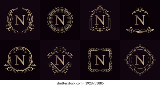 Logo-Initial N mit Luxus-Ornament oder Blumenrahmen, Set-Kollektion.