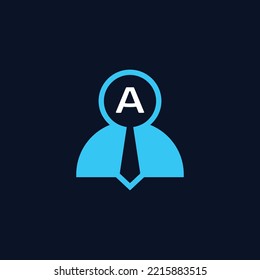 logo initials letter A. logo for job vacancies or employee recruitment. a combination of the human figure symbol, a magnifying glass, initials and a tie.