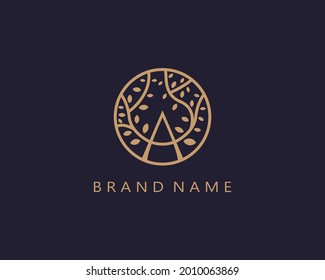 letra A de las iniciales del logotipo. naturaleza del logotipo. elegante y lujosa textura dorada. Diseño combinado de la letra A y árboles naturales. para marcas corporativas. plantilla de logotipo moderna, sencilla y única.