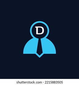 logo initials letter D. logo for job vacancies or employee recruitment. a combination of the human figure symbol, a magnifying glass, initials and a tie.